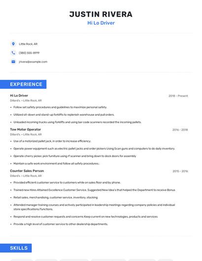 Hi Lo Driver Resume