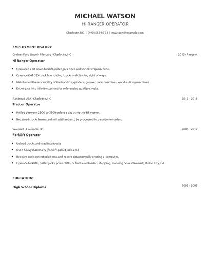 Hi Ranger Operator Resume