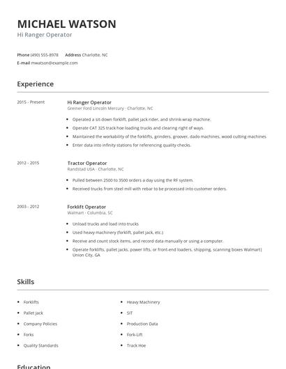 Hi Ranger Operator Resume