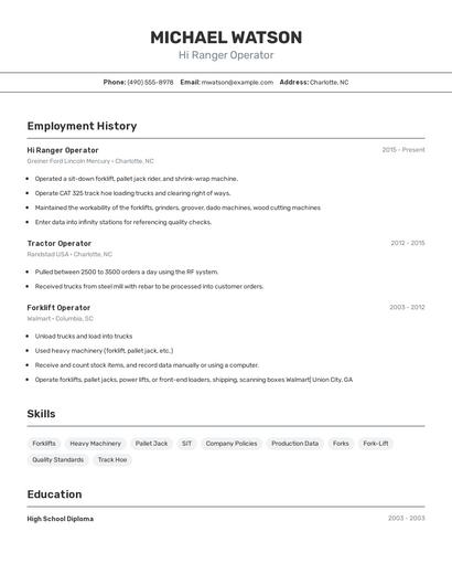 Hi Ranger Operator Resume