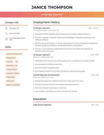 Hi Ranger Operator Resume