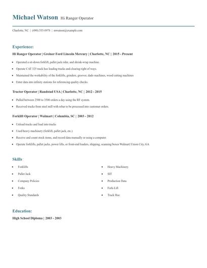 Hi Ranger Operator Resume