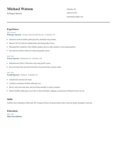 Hi Ranger Operator Resume