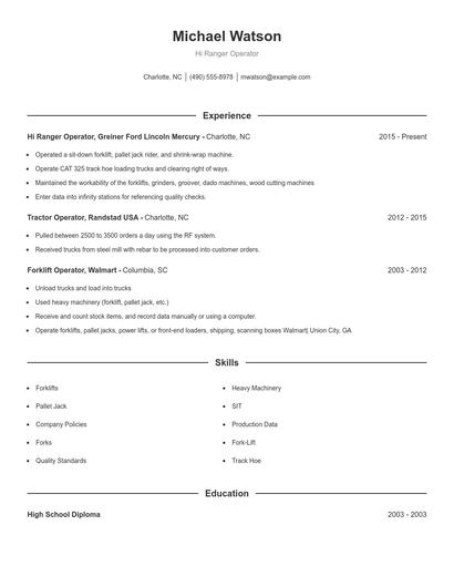 Hi Ranger Operator Resume