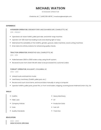 Hi Ranger Operator Resume
