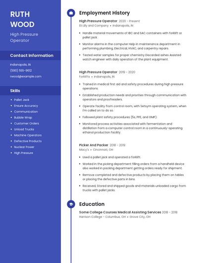 High Pressure Operator Resume