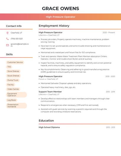 High Pressure Operator Resume