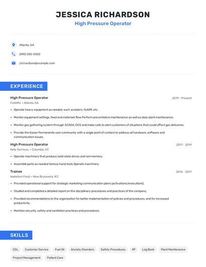 High Pressure Operator Resume