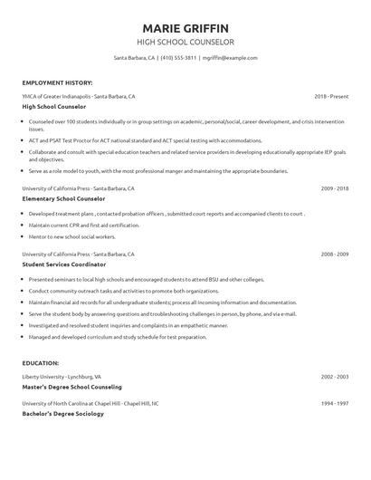 High School Counselor Resume