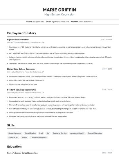 High School Counselor Resume