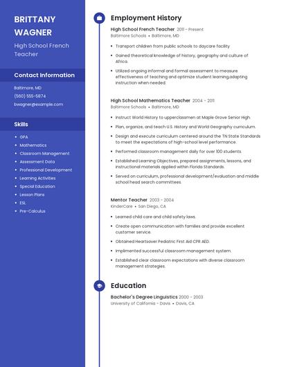 High School French Teacher Resume