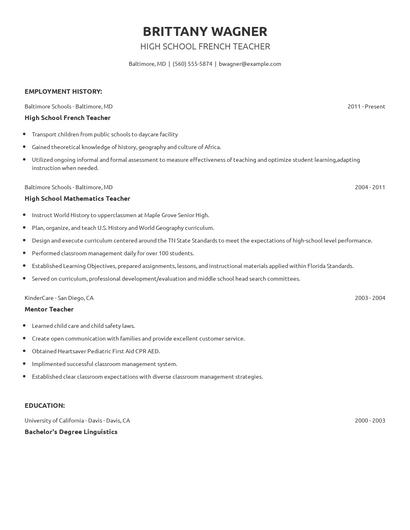High School French Teacher Resume