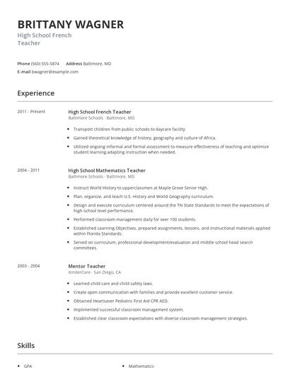 High School French Teacher Resume