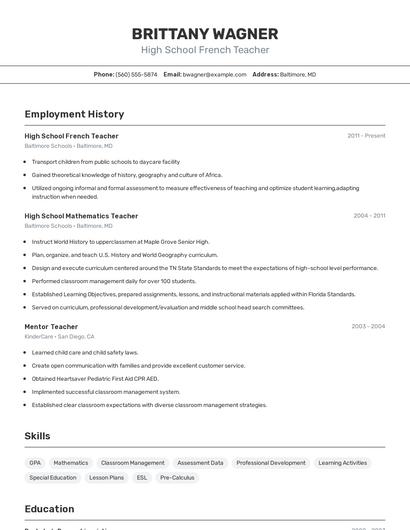 High School French Teacher Resume