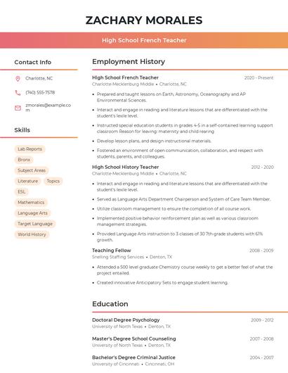 High School French Teacher Resume