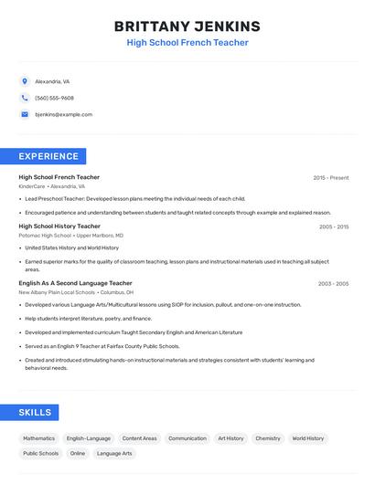 High School French Teacher Resume