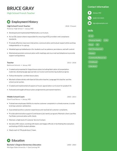 High School French Teacher Resume