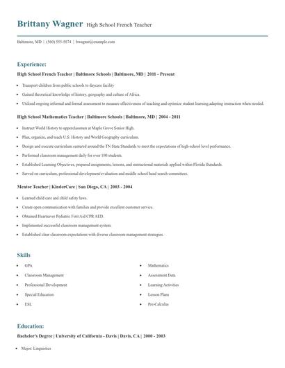 High School French Teacher Resume