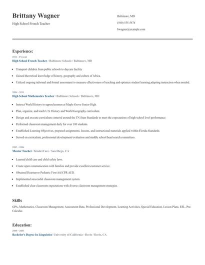 High School French Teacher Resume