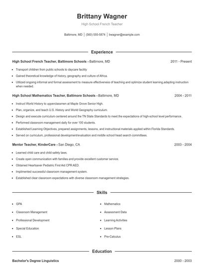 High School French Teacher Resume
