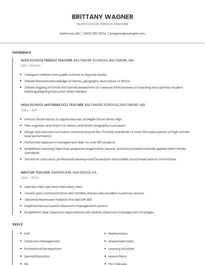 High School French Teacher Resume