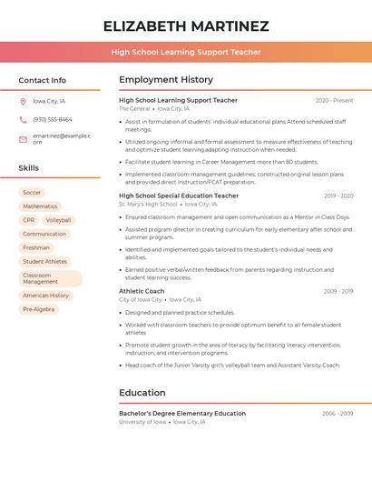 High School Learning Support Teacher Resume