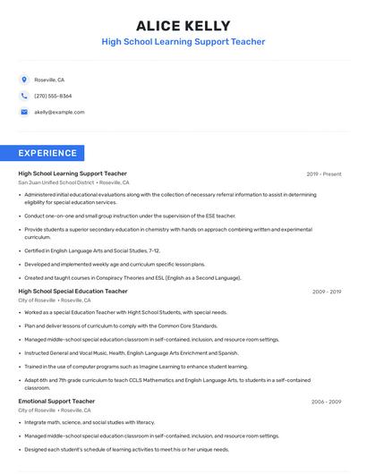 High School Learning Support Teacher Resume