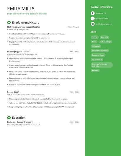 High School Learning Support Teacher Resume