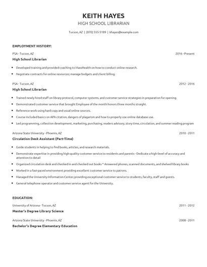 High School Librarian Resume
