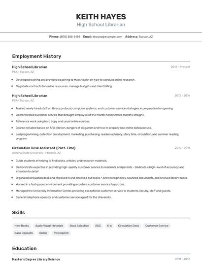 High School Librarian Resume