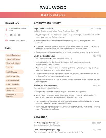 High School Librarian Resume