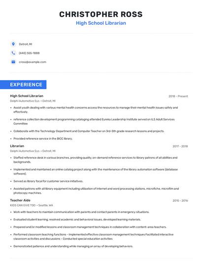 High School Librarian Resume