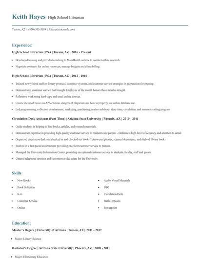 High School Librarian Resume
