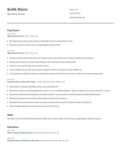 High School Librarian Resume