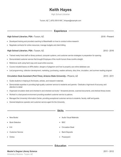 High School Librarian Resume