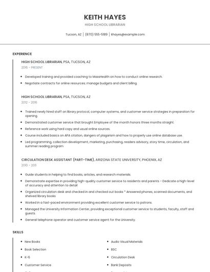 High School Librarian Resume