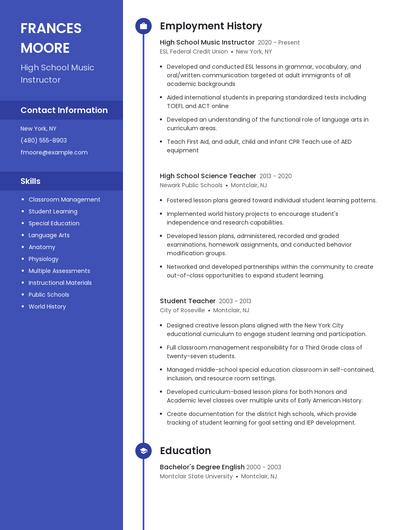 High School Music Instructor Resume