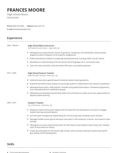 High School Music Instructor Resume