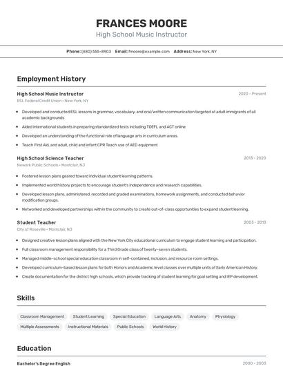 High School Music Instructor Resume