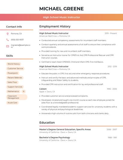 High School Music Instructor Resume