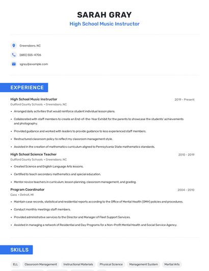 High School Music Instructor Resume