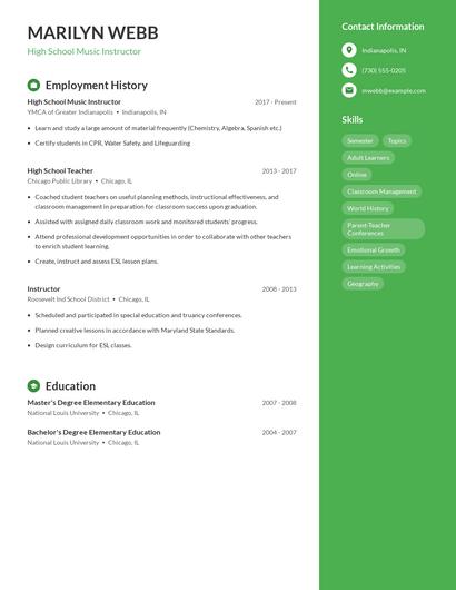 High School Music Instructor Resume