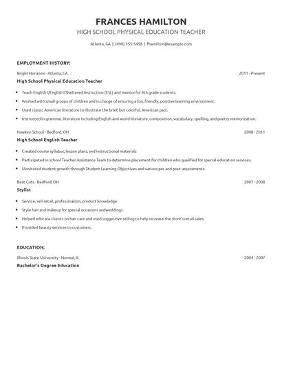 High School Physical Education Teacher Resume