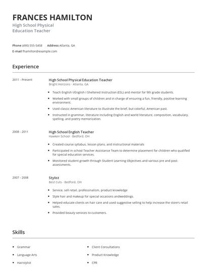 High School Physical Education Teacher Resume