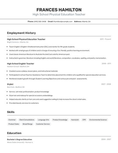 High School Physical Education Teacher Resume