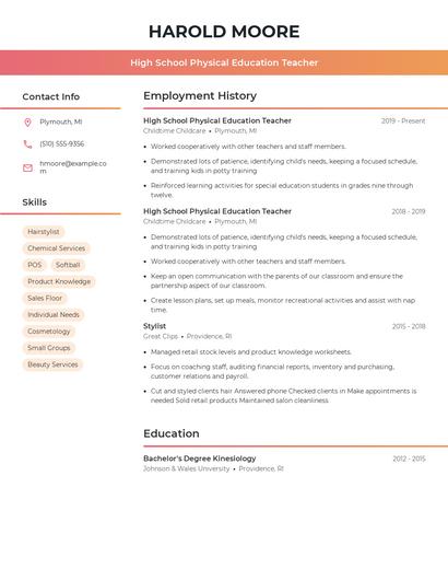 High School Physical Education Teacher Resume