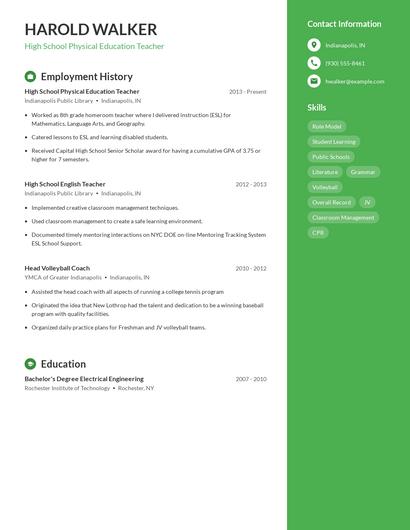 High School Physical Education Teacher Resume