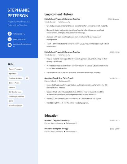 High School Physical Education Teacher Resume