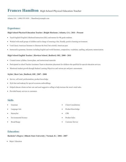 High School Physical Education Teacher Resume