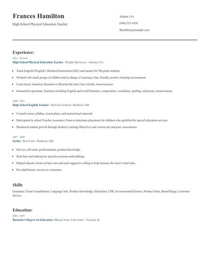High School Physical Education Teacher Resume